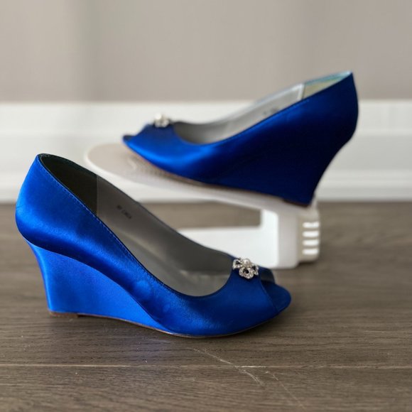 Dyeables- Blue Satin Wedge Heels with jewel embellishment. Size 8 - Picture 1 of 5